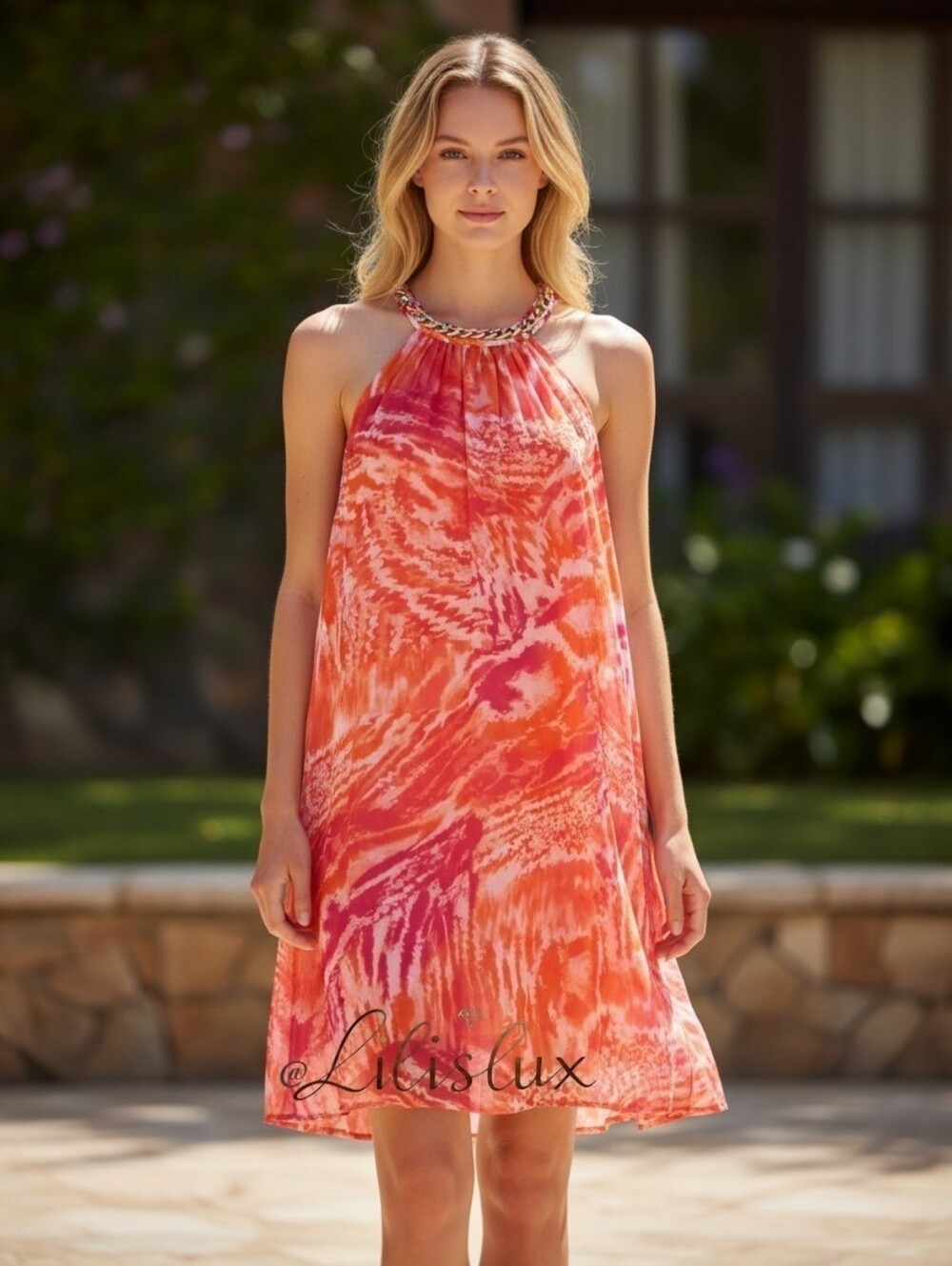 Calvin Klein Pink And Orange Halter Shift Dress With Gold Chain Detail Size 10